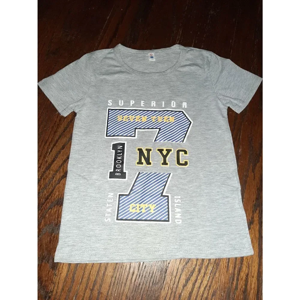 New Boy's 110 (4T) Grey Blue New York Short Sleeve Crew Neck Tee T-Shirt Top